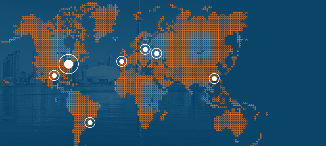 Map of the locations where Infrabiz operates, where is pinned: Toronto, Houston, São Paulo, Lisbon, Vilnius and Hong-Kong. 